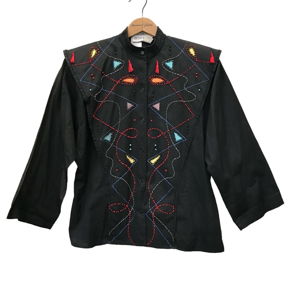 Vintage 80s Betsy Boich Black Beaded Shirt Top size 4 Small Mercedes & Adrienne